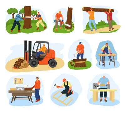 Wood processing vector illustration flat set. Wooden production equipment and Stock Illustration