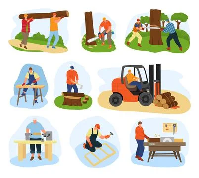 Wood processing vector illustration flat set. Wooden production equipment and Stock Illustration