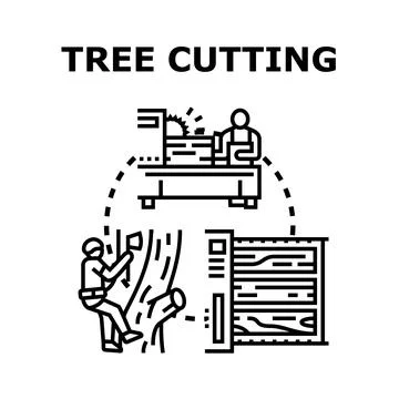 Wood production process from tree cutting to lumber processing Stock Illustration