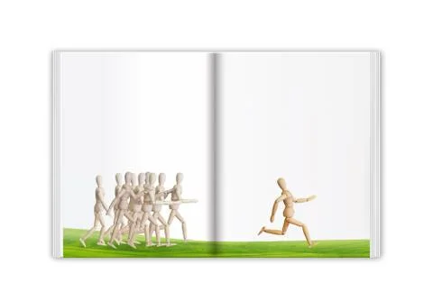 Wood puppet run inside white book イラスト素材