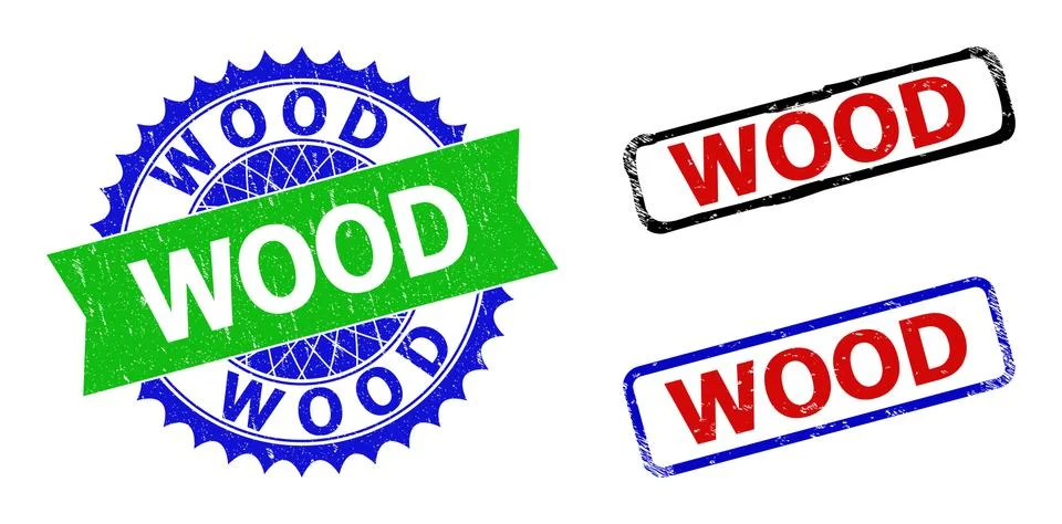 WOOD Rosette and Rectangle Bicolor Badges with Corroded Surfaces Stock Illustration