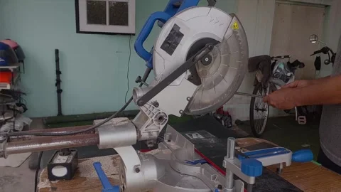 The wood saw has an angle adjuster. Stock Footage 274399809