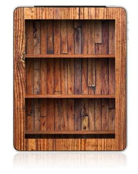 Wood shelf screen in tablet pc wood surface Stock Photos