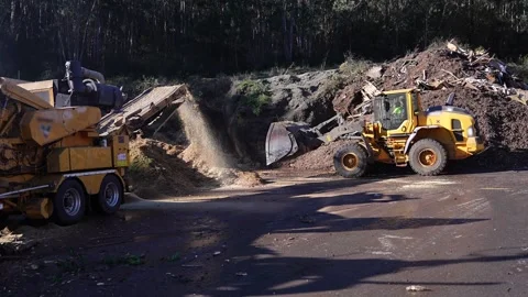 Wood shredding machine processing waste wood in slow motion Stock Footage 313917921