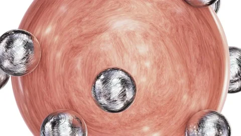 Wood sphere with rolling small silver metallic spheres looping 3D animation Video stock 219833047