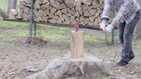 Wood Split with Ax- outside autumn-Medium - slow motion1920x1080 Silent 120fps 1 Video stock 230041763