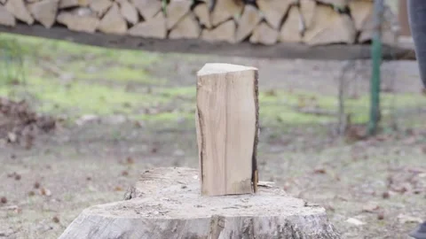 Wood Split with ax - slow motion- Medium 1920x1080 Silent 120fps Video stock 230041758