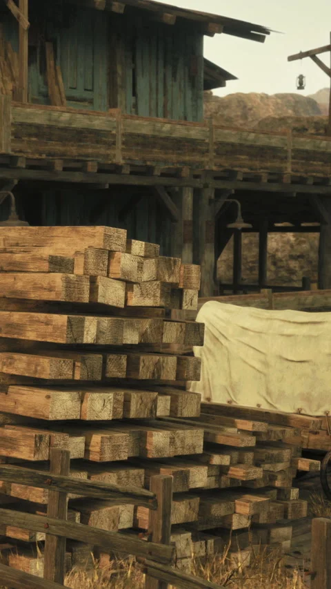 Wood stack beside a covered wagon at a rustic building in a rural area Stock Footage 340257305