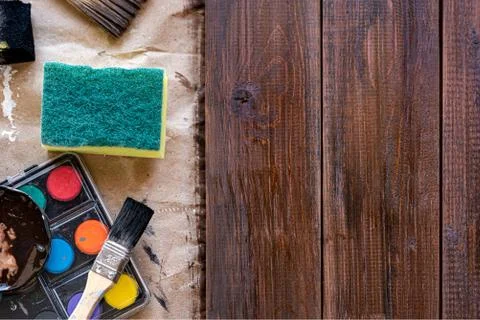 Wood staining flat lay Foto stock