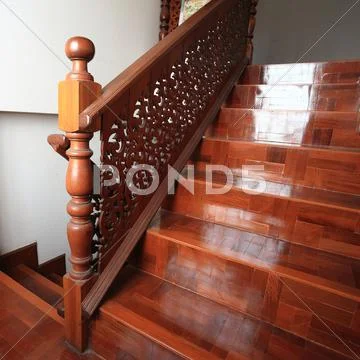 Wood staircase with parquet floor Stock Photos