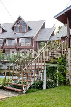Wood Stairs At Outdoor In Luxury Resort