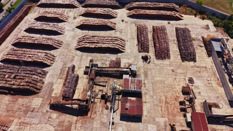 Wood storage area showing stacks of timber and equipment Video stock 342603350