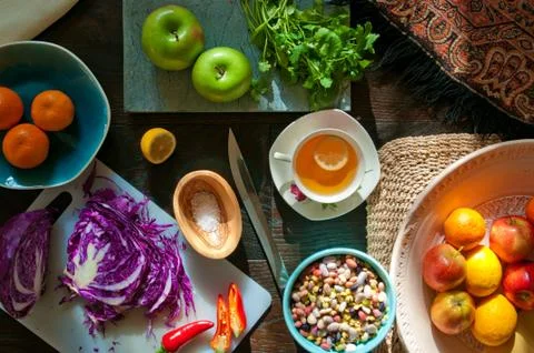 Wood Table with Fruit & Veg Stock Photos