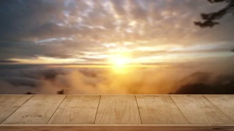 Wood table on mist landscape over mountain. Sky with cloud background Stock Footage 132597702