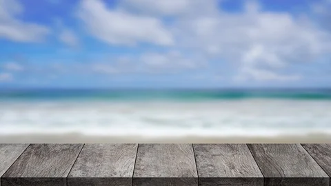 Wood table, Objects, Table On Beach Background. Stock Footage 124148592