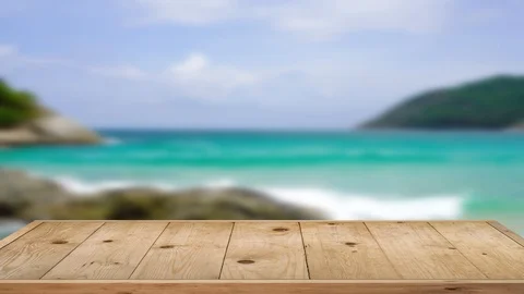 Wood table of texture perspective on beach sea background. Stock Footage 112645351