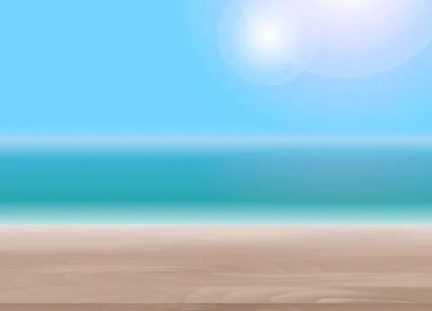 Wood Table Top on Abstract Blur Natural Sea Background for Displ Stock Illustration
