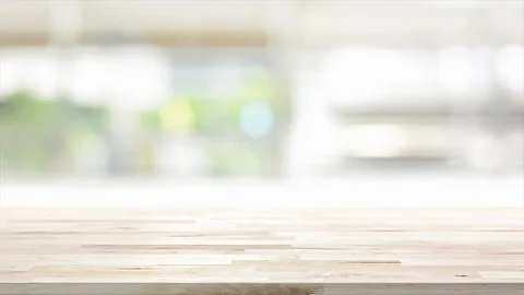 Wood table top on blur kitchen window background 스톡 동영상 86857603