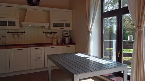 Wood table top on kitchen room background. Stock Footage 199638038