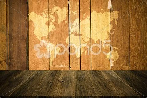 Photograph: Wood terrace and Wood texture vintage style with world map