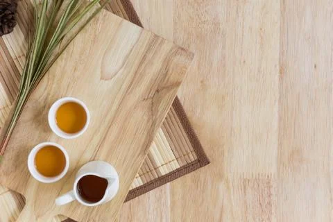 Wood Texture Background with Cups of Tea Stock Photos