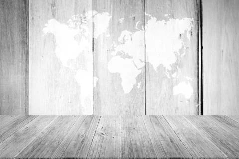 Wood texture background , process in white color with wood terrace with world Foto stock