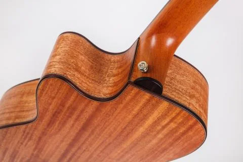 Wood texture of lower deck of six strings acoustic guitar on white background Foto stock