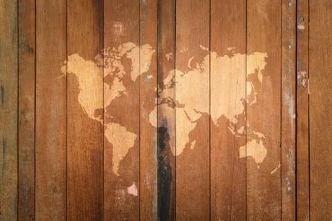 Wood texture surface with world map Foto stock