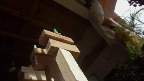 Wood train falling in slow motion Stock Footage 129516041