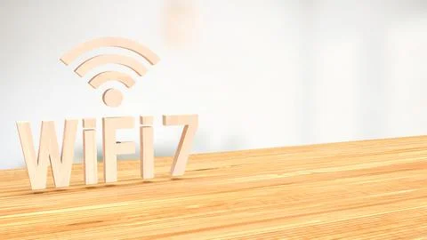The wood wifi 7 on table for technology concept 3d rendering Illustrazione stock