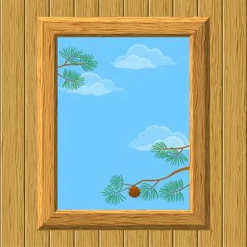 Wood window with pine branches Stock Illustration
