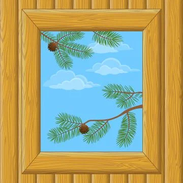Wood Window with Pine Branches Illustrazione stock