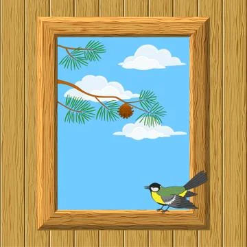 Wood window with titmouse Stock Illustration