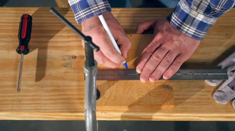 Wood Worker Measuring Lumber in Workshop 1080P Stock Footage 38416606