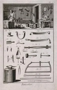 Wood-workers with various tools of the trade. Etching after Prevost. Stock Illustration