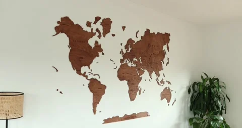 Wood world map, elegant modern room, white wall, vintage decoration living room Stock Footage 230493053