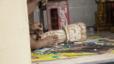 Woodcarver Making Carving with Sharp Tools on Wooden Workpiece. Traditional Bali 库存影片 294658840