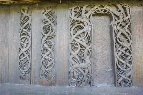 Woodcarvings on a wall Stock Photos