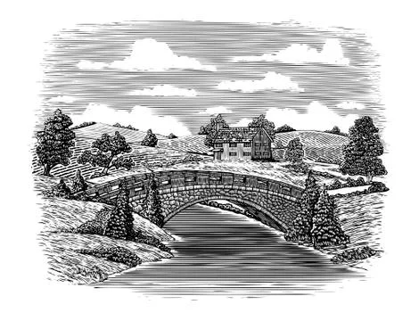 Woodcut Bridge Stock Illustration