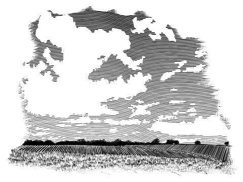 Woodcut Cloud Scene Stock Illustration