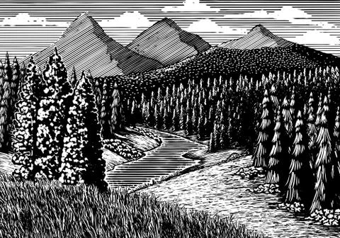 Woodcut Mountain Stream Stock Illustration