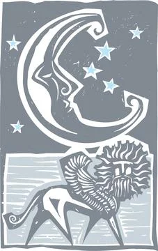 Woodcut style moon and Persian Sphinx Stock Illustration