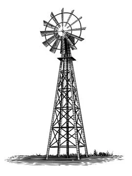 Woodcut Windmill Stock Illustration