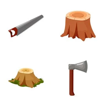 Woodcutting tools and tree stumps cartoon set Illustrazione stock