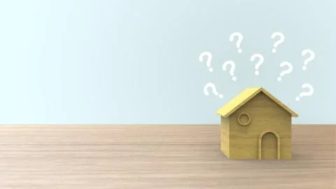 Wooden 3d home shape with question mark on wood table and copyspace for your  Stock Illustration