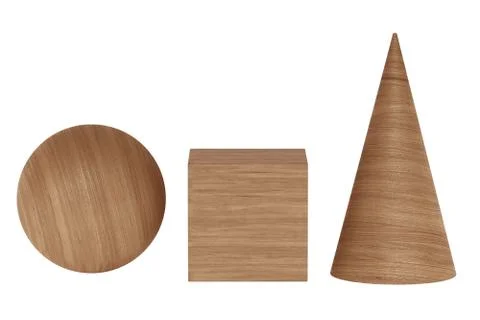 Wooden 3D rendering figures geometric with shadows isolated on white Stockillustratie