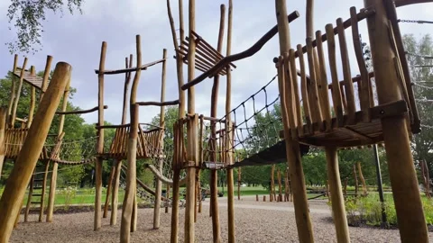 Wooden Adventure Playground Structures Built For Active Children Outdoor Play Stock Footage 324943701