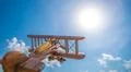 The wooden airplane fly on the background of a bright sun Photo
