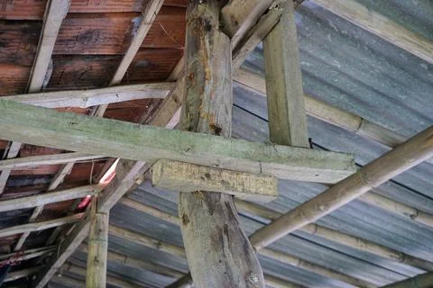 Wooden and bamboo framework structure supporting a clay tile roof Stock-Fotos
