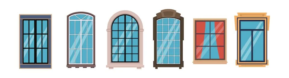 Wooden and plastic window frames. Office home or store different shapes windows Illustrazione stock